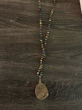 Park Lane Green and Brown Beaded Necklace with Natural Stone Pendant